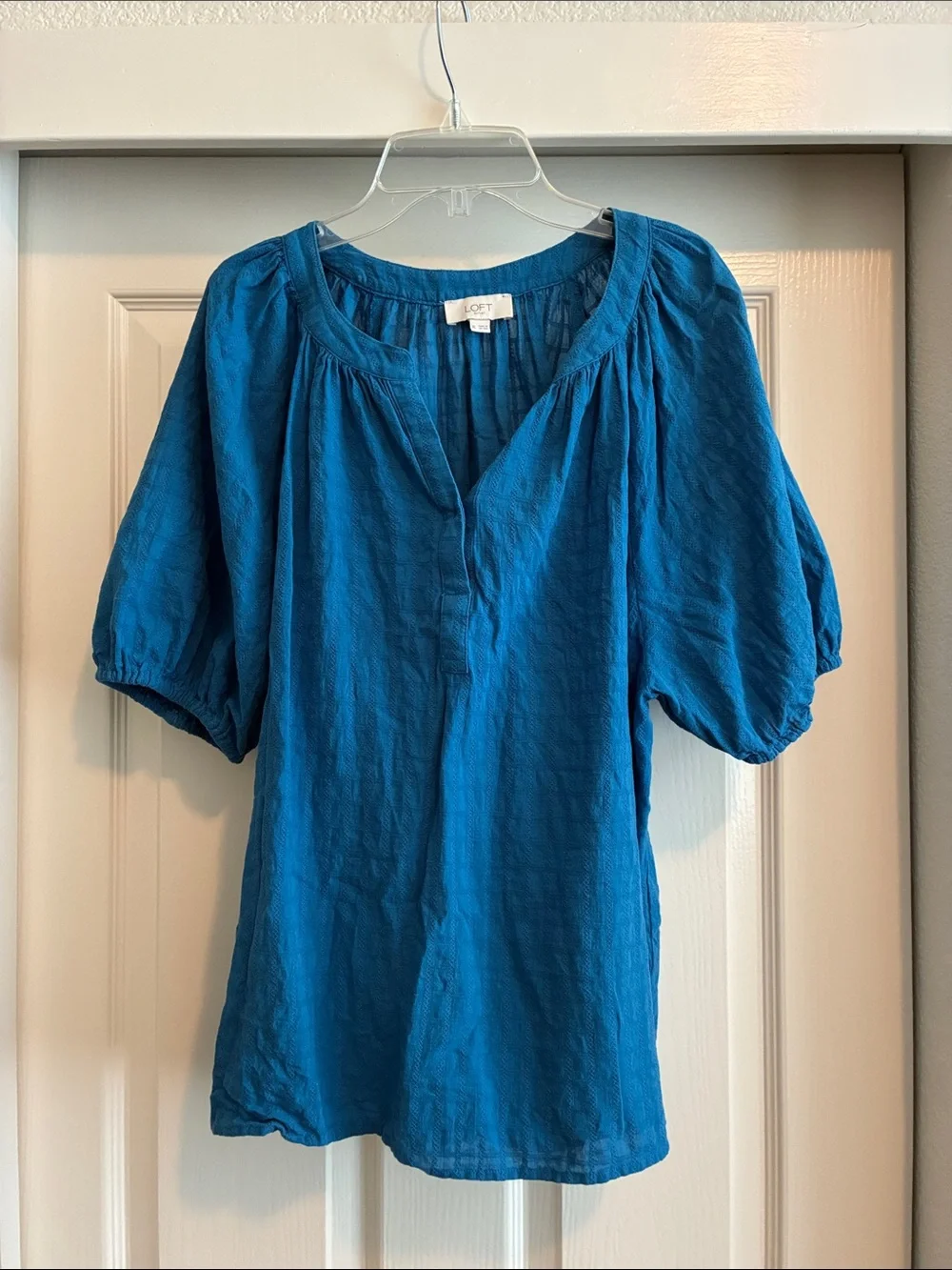 LOFT Teal-Blue Peasant Blouse with Puff Sleeves